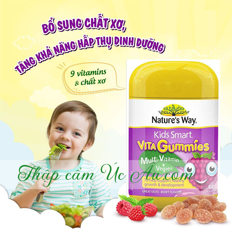 Vitamin và chất xơ có trong kẹo dẻo nhai bổ sung rau quả Nature's Way Kids Smart VITA Gummies Multi-Vitamin +Vegies 60 viên dành cho bé từ 2 tuổi.