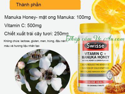 Thành phần viên nhai tăng cường miễn dịch Swisse Vitamin C Manuka Honey 120 viên.