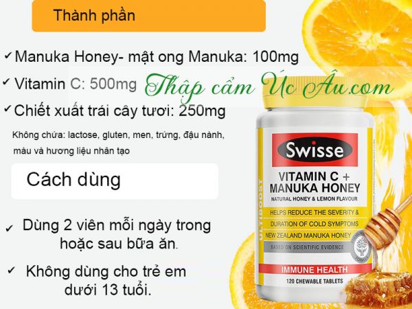 Thành phần viên nhai tăng cường miễn dịch vitamin C kết hợp với mật ong Manuka -Swisse Vitamin C Manuka Honey