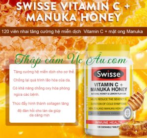 Công dụng của viên nhai tăng cường miễn dịch Swisse Vitamin C Manuka Honey 120 viên.